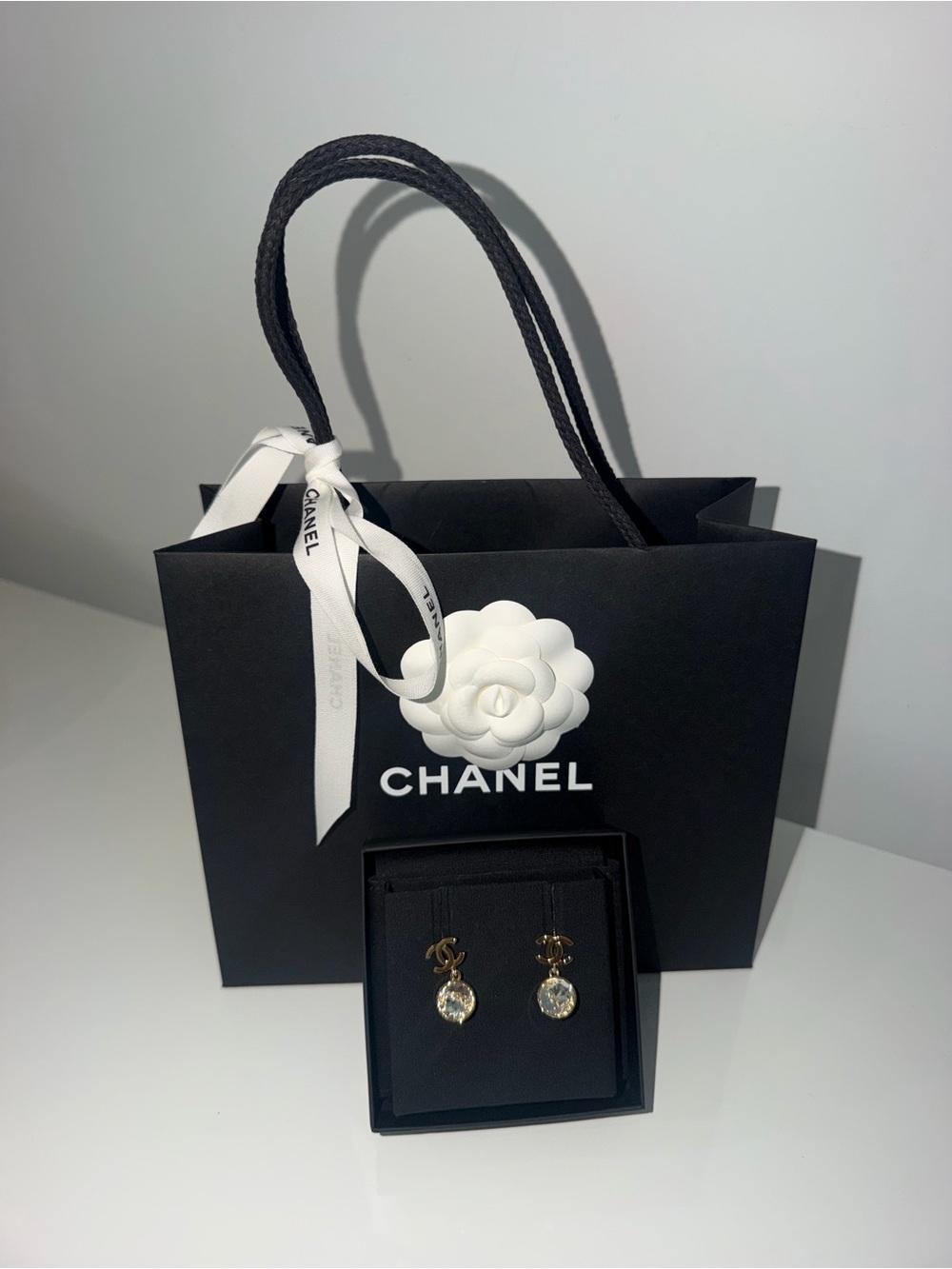 CHANEL Gold CC Drop Earrings with Clear Crystal